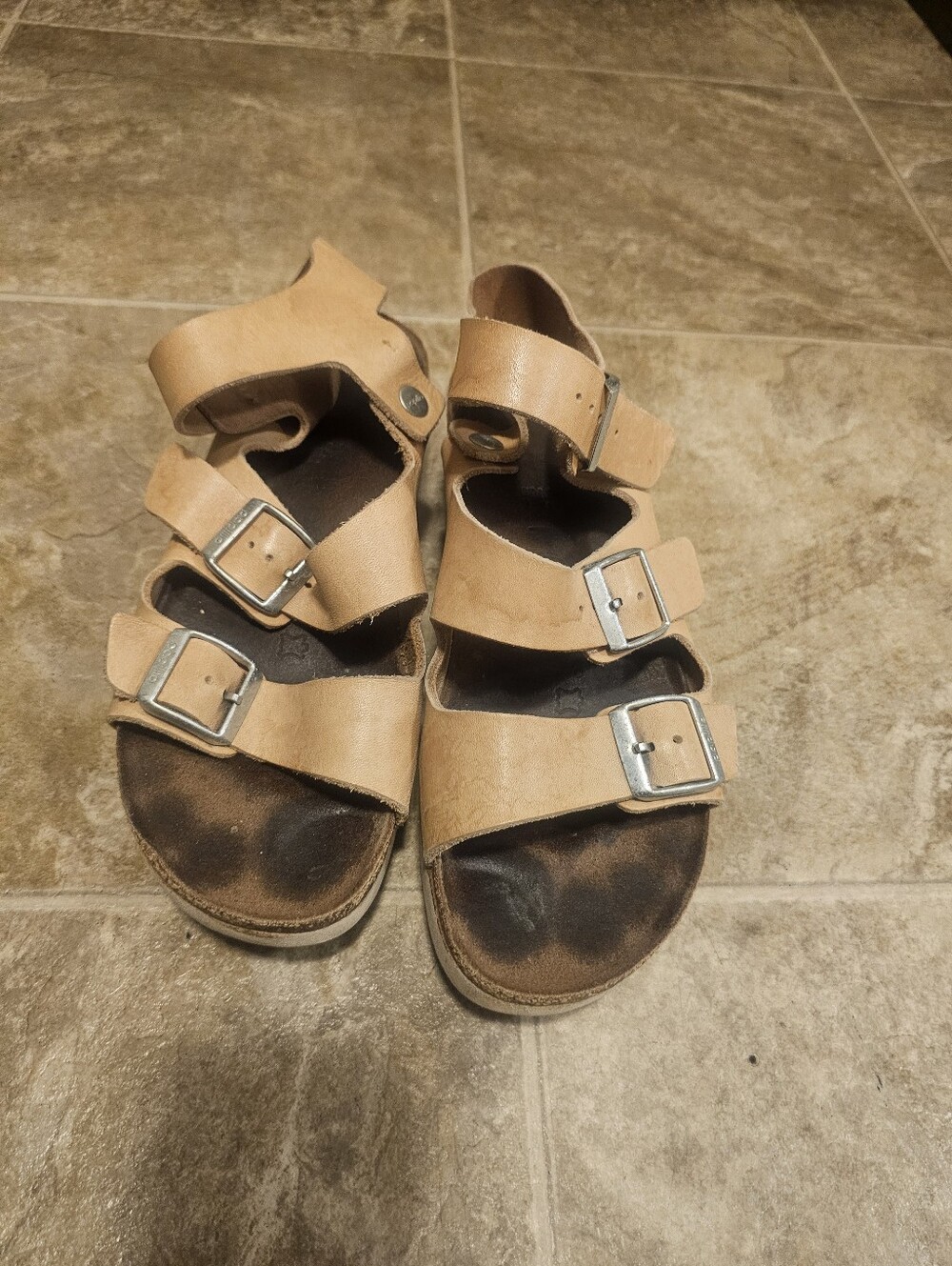 Papillio Tan Triple-Strap Leather Sandals with Buckles